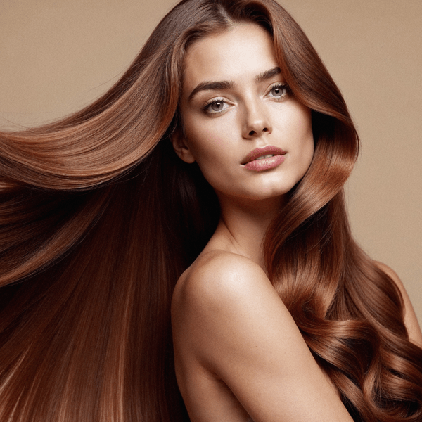 beautiful woman with flowing shiny long brown hair 600 x 600